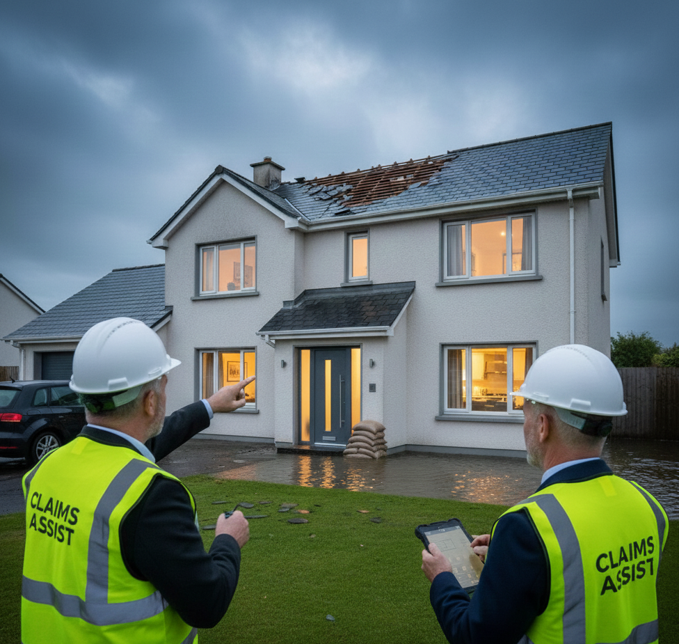 Registered public loss assessors in Ireland inspecting a home with roof storm damage and driveway flooding.