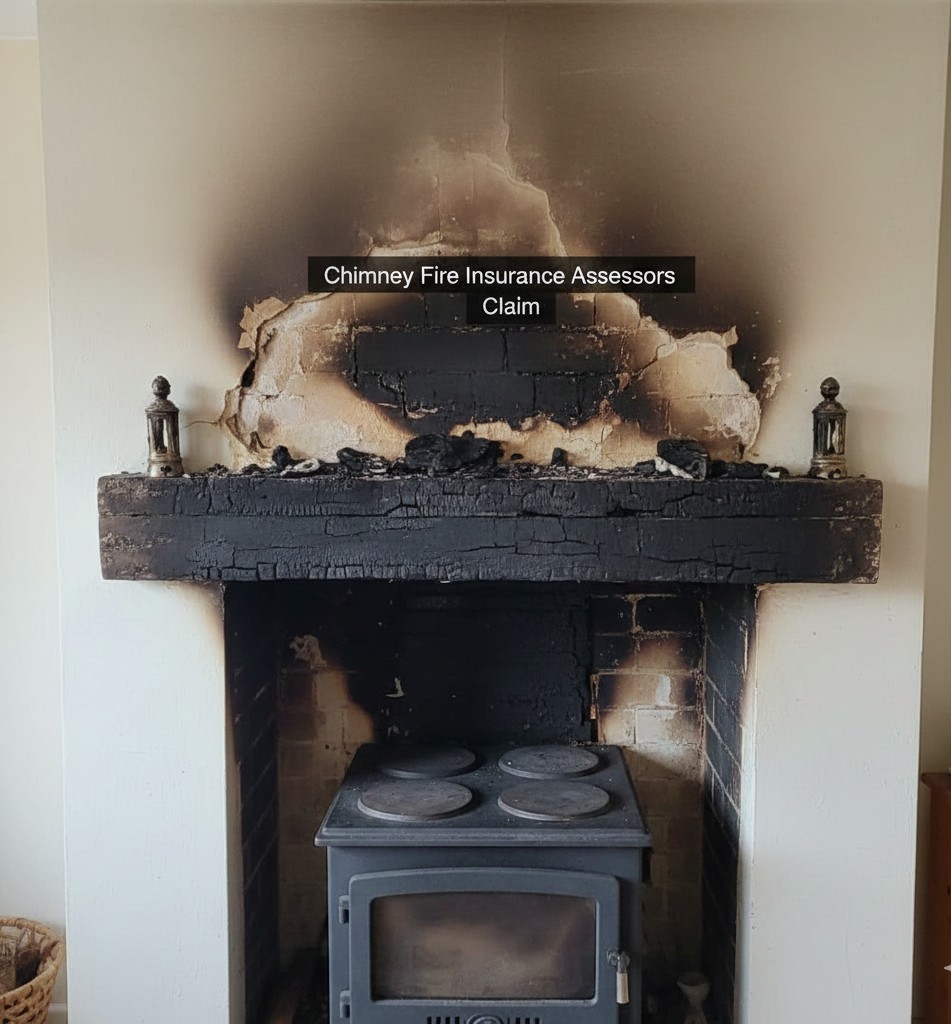 Smoke and soot damage on the wall above a stove after a chimney fire.