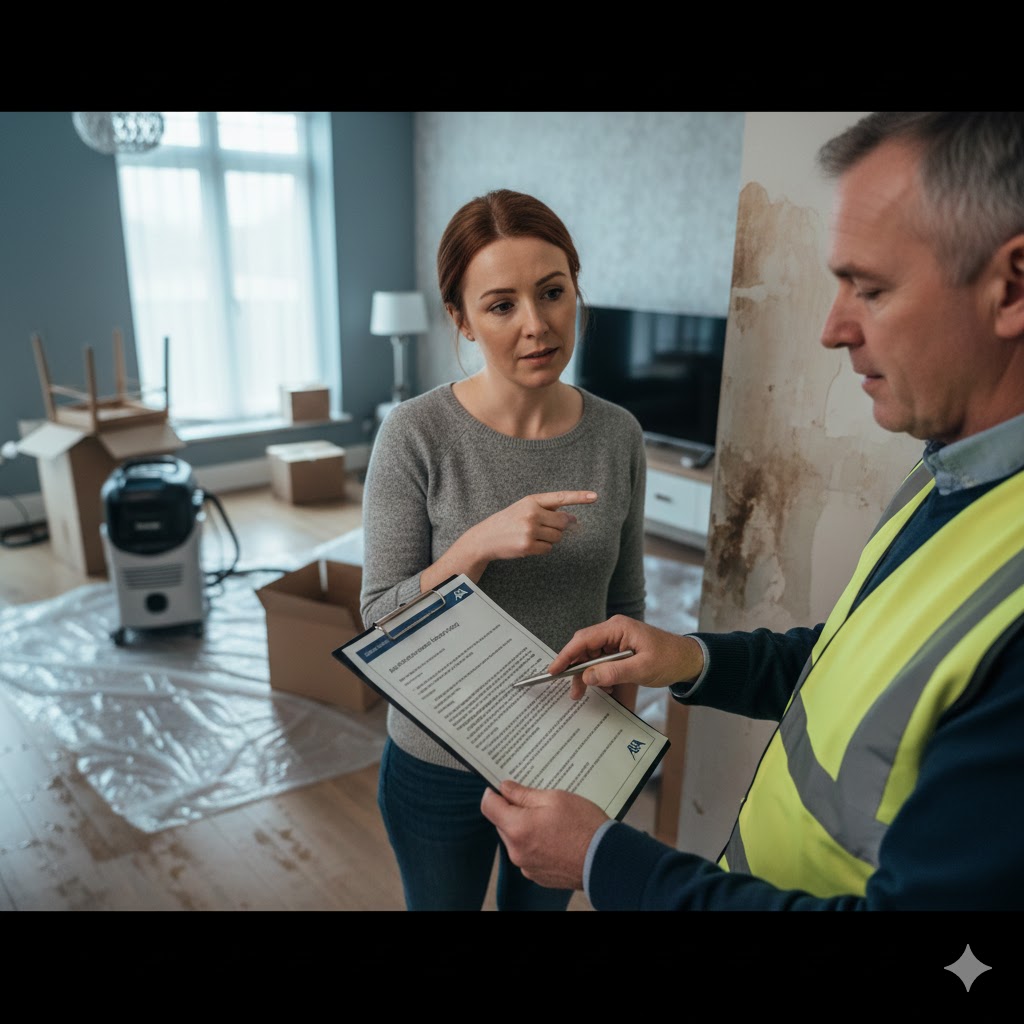 Independent Loss Assessor explaining the AXA insurance claims process to a property owner.