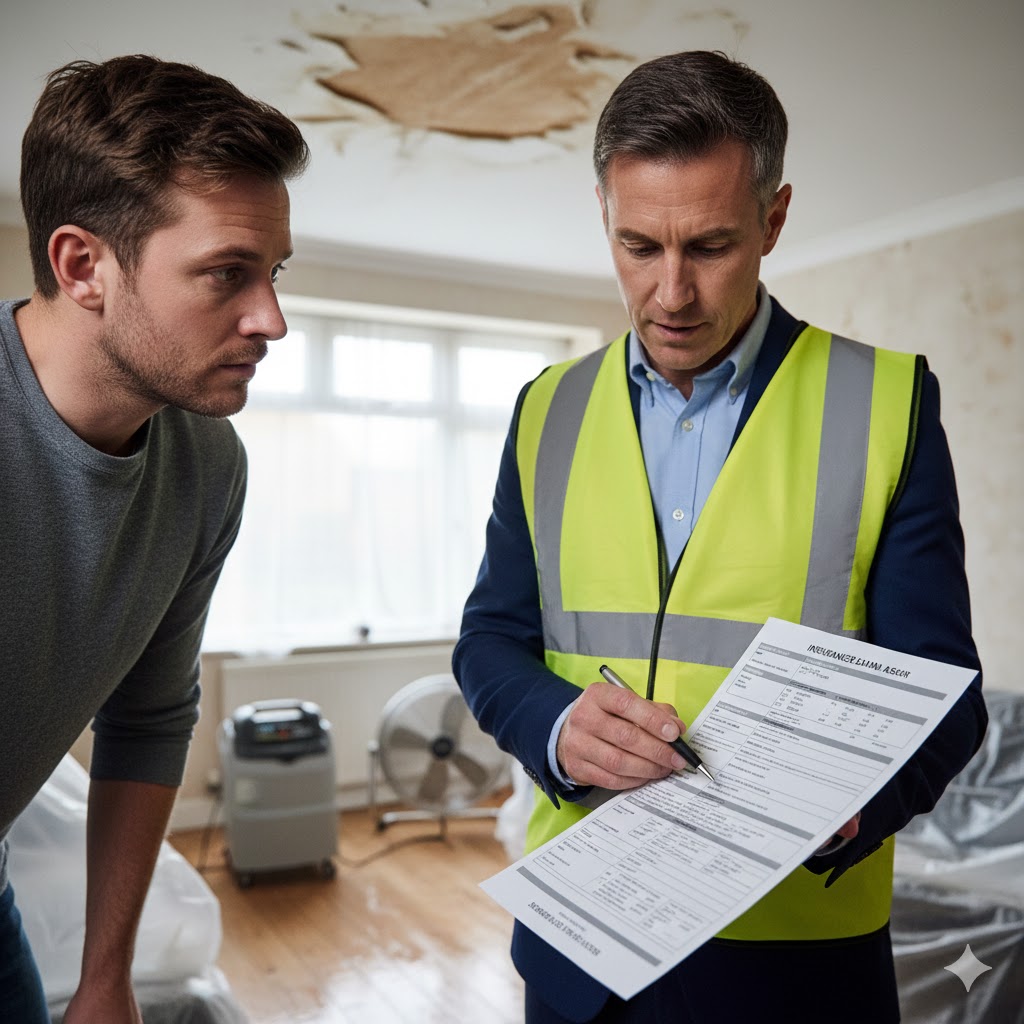 Independent Loss Assessor explaining the FBD insurance claims process to a property owner