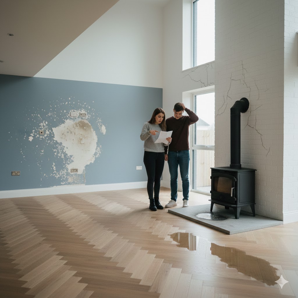 Irish homeowners seeking insurance advice for new build property damage including floor leaks and chimney cracks.