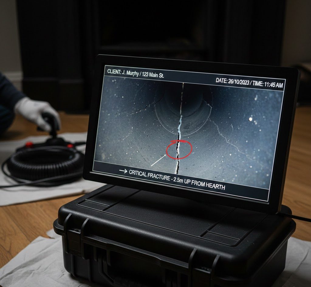 CCTV chimney survey showing fractured flue liners after insurance claim fire