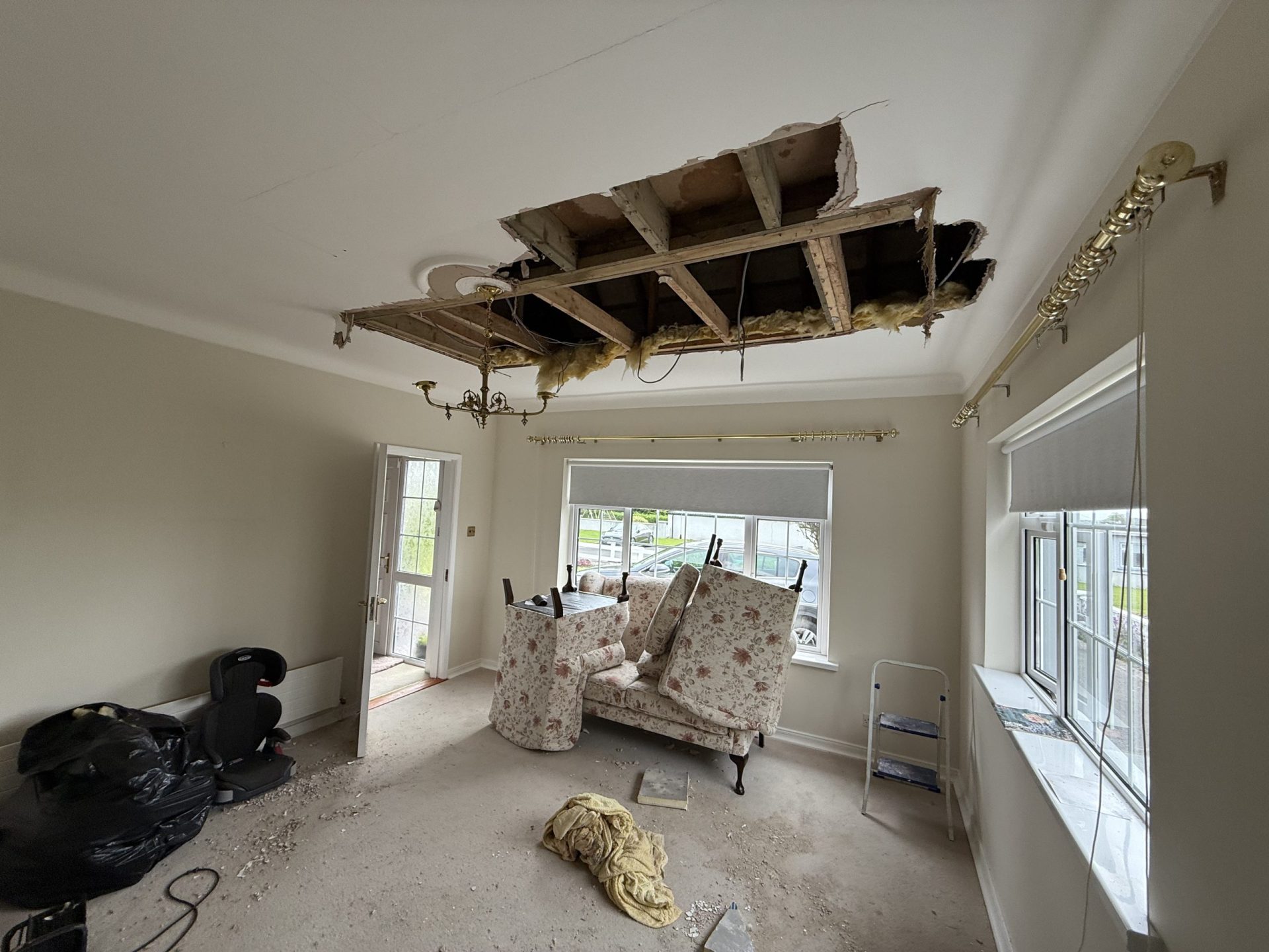 Ceiling collapse due to water damage from a burst pipe in a Galway home - Claims-Assist.ie Loss Assessor.