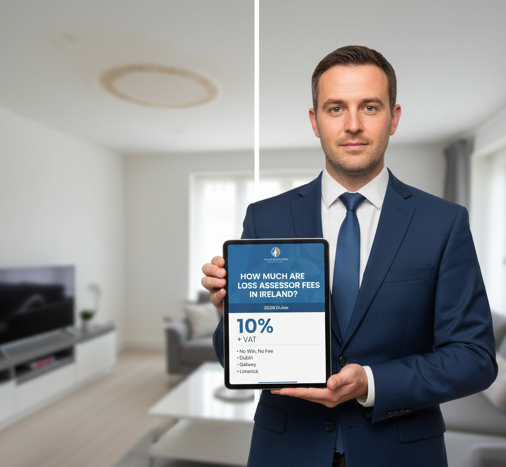 Loss Assessor Fees Ireland: A professional assessing water damage in a home to secure a fair insurance settlement.